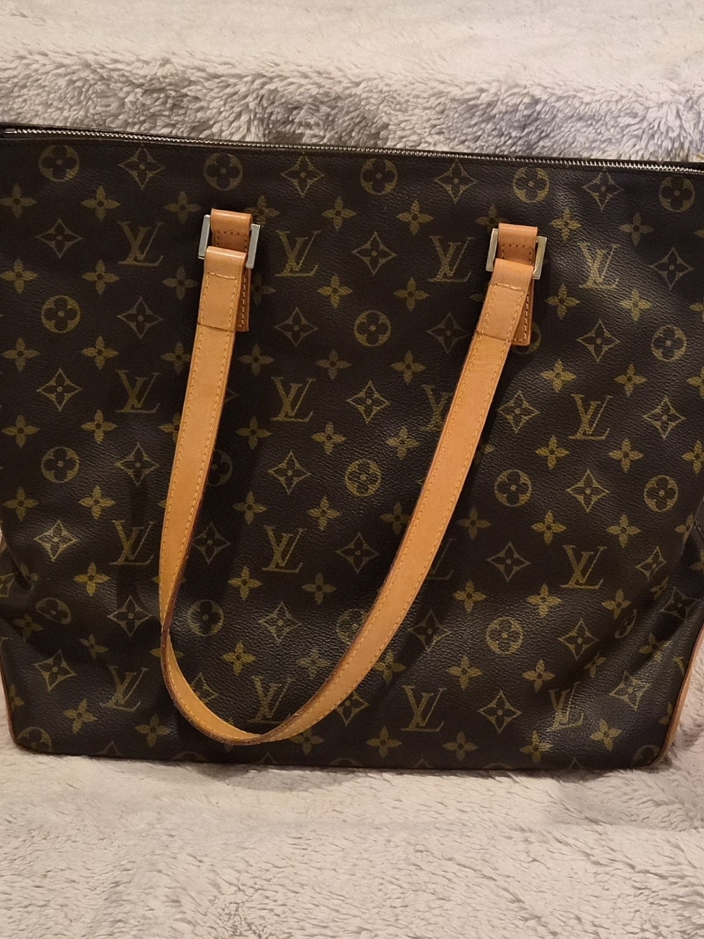 Louis Vuitton Monogram Cabas Mezzo Canvas Tote in Brown with Tan Straps